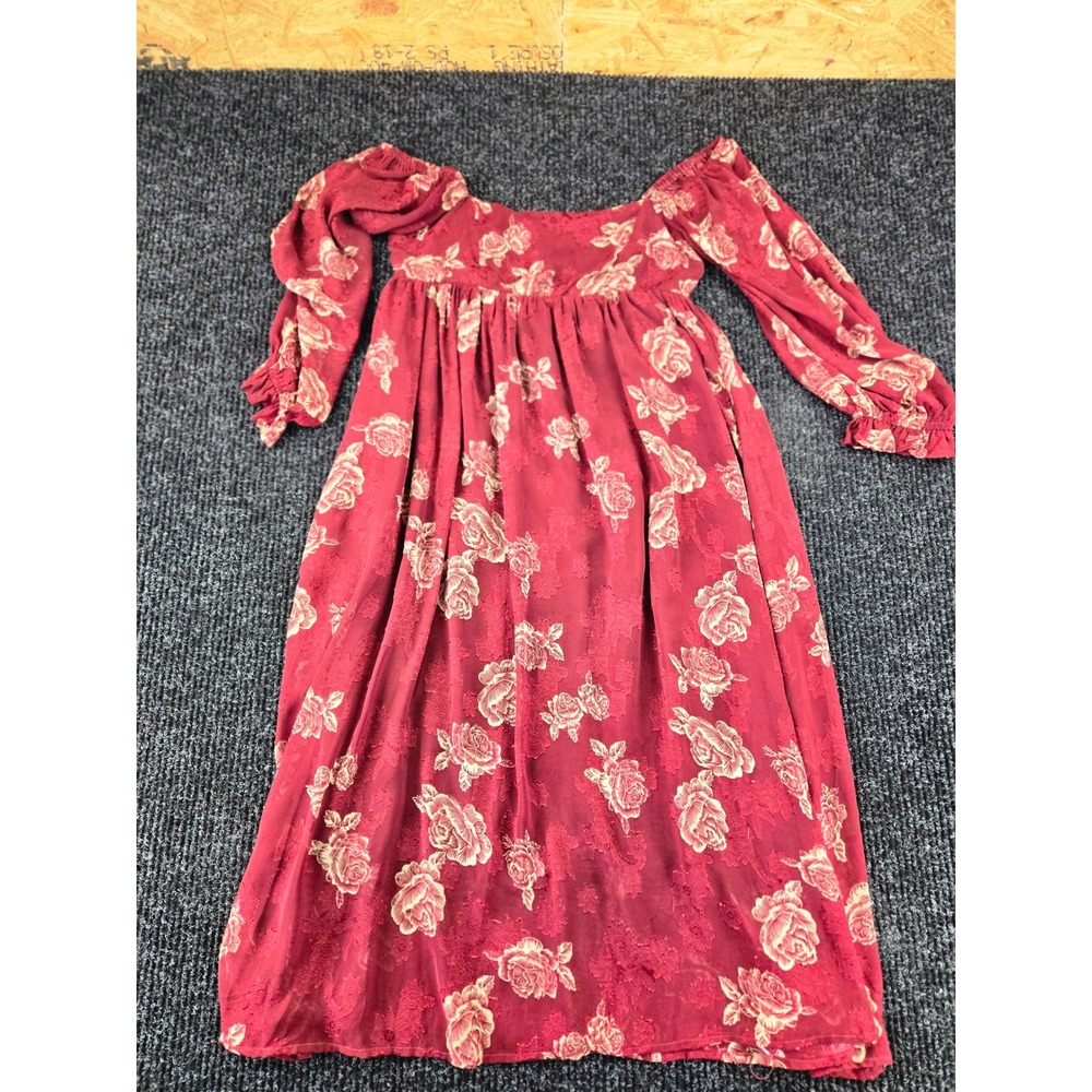 Sweet Lemon‎ Burgundy Floral Rose Puff Sleeve Midi Dress SLD1396-1 Small